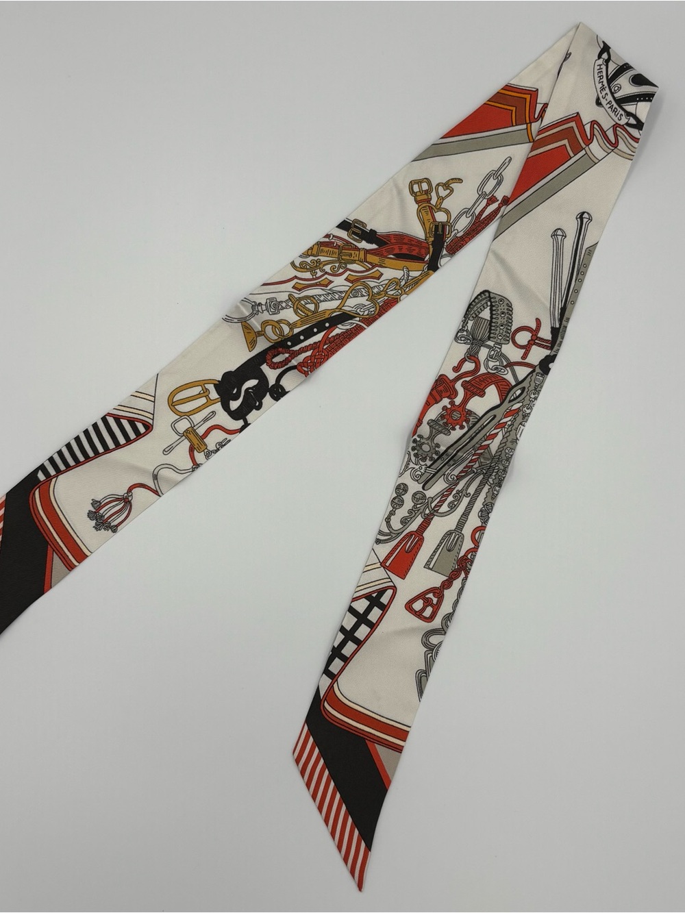 Hermes Bouquets Selliers Twilly Silk Scarf White Black Caramel Equestrian Print - Picture 1 of 5